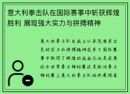 意大利拳击队在国际赛事中斩获辉煌胜利 展现强大实力与拼搏精神