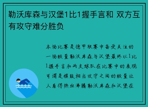 勒沃库森与汉堡1比1握手言和 双方互有攻守难分胜负