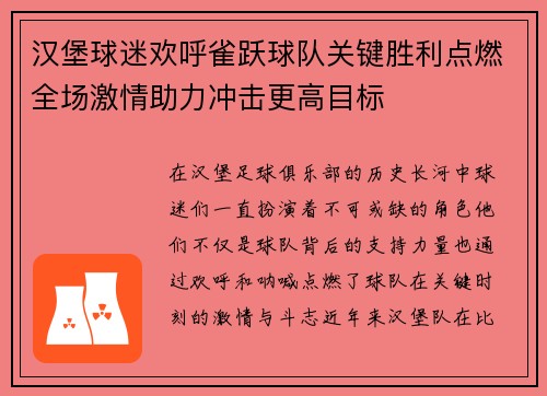 汉堡球迷欢呼雀跃球队关键胜利点燃全场激情助力冲击更高目标