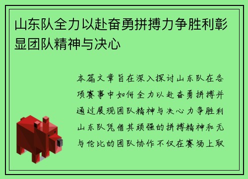 山东队全力以赴奋勇拼搏力争胜利彰显团队精神与决心